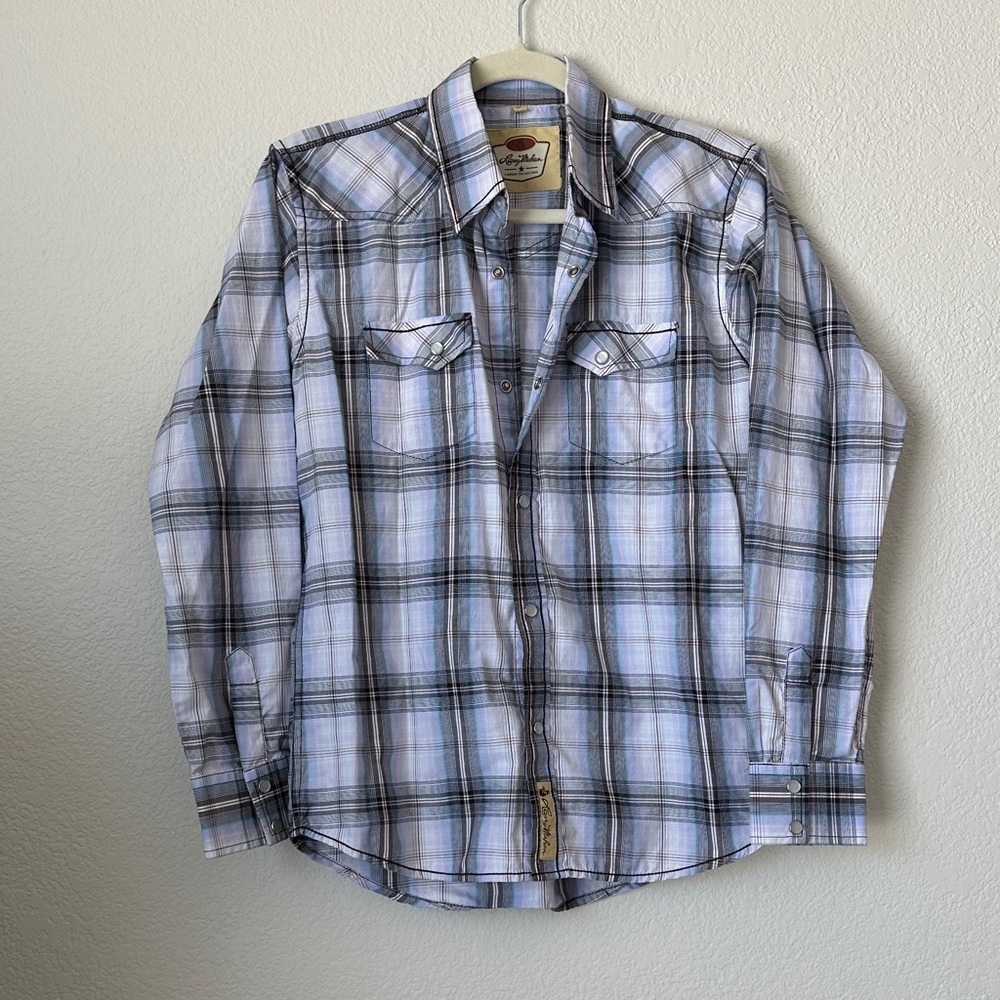Larry Mahan Boys XL Pearl Snap Western Plaid Shirt Blue Fits Women’s Small